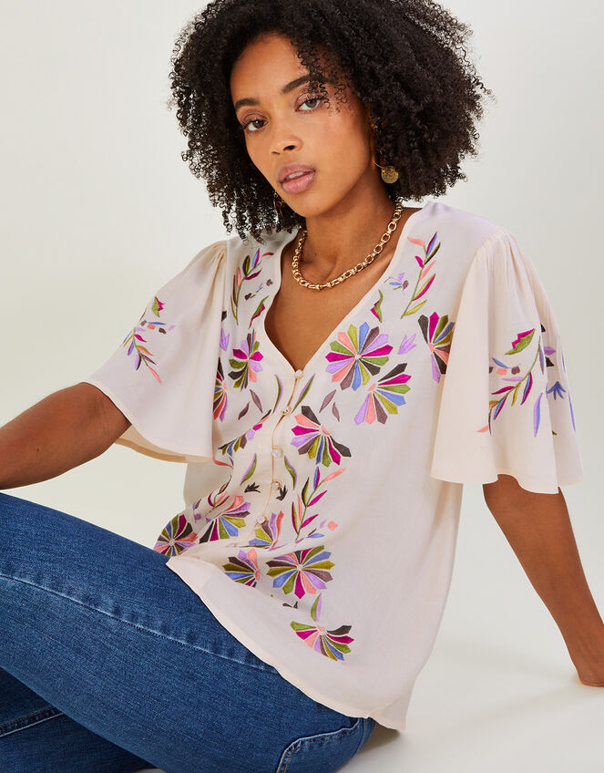 Farah Embroidered Top in Sustainable Viscose, Ivory (IVORY), large