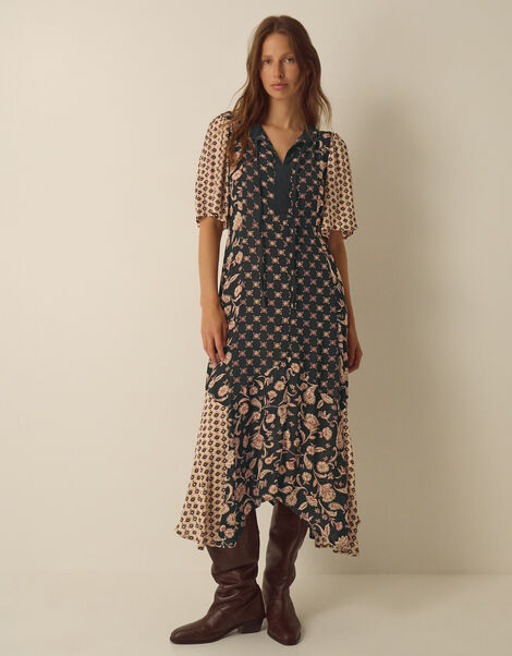 Raquel Patchwork Floral Print Midi Dress, Black (BLACK), large