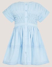 Flower Button Smocked Dress, Blue (BLUE), large