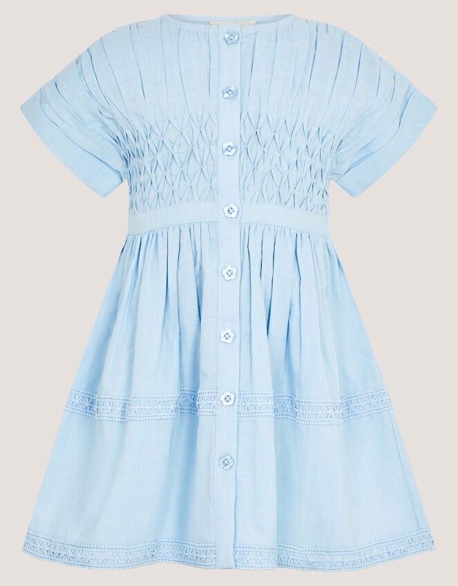 Flower Button Smocked Dress, Blue (BLUE), large