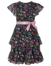 Botanical Print Chiffon Dress, Black (BLACK), large