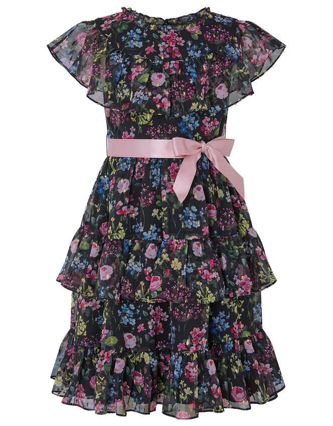 Botanical Print Chiffon Dress, Black (BLACK), large