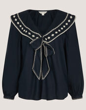 Lola Embroidered Sailor Collar Top, Blue (NAVY), large