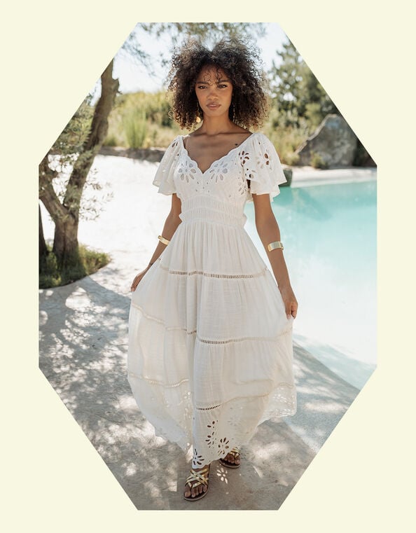 Piti Cuiti Floral Cutwork Maxi Dress, White (WHITE), large