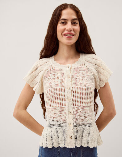 Indi Short Sleeve Floral Pointelle Cardigan, Ivory (IVORY), large