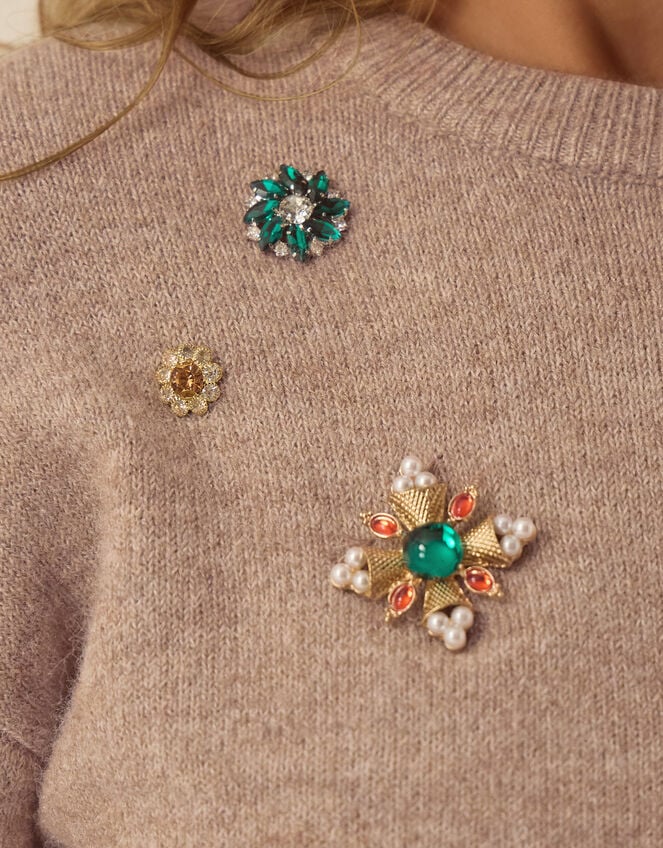 Britt Brooch Crew Neck Jumper, Mink (MINK), large