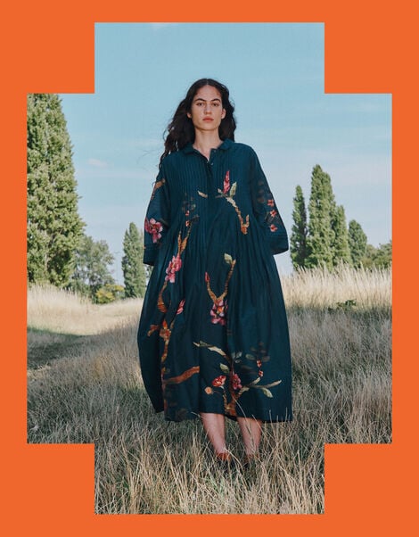 East Aphira Floral Pleated Shirt Dress, Teal (TEAL), large