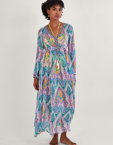 Rainbow Ikat Print Kaftan Dress in LENZING™ ECOVERO™ , Pink (PINK), large