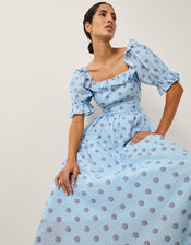 The India Edit Matilda Printed Puff Sleeve Midi Dress, Blue (BLUE), large