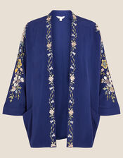 Floral Embroidered Short KImono, Blue (NAVY), large