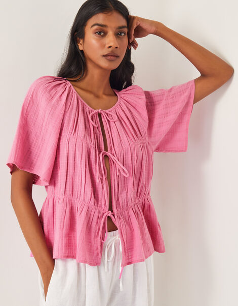 Marlee Short Sleeve Tie-Front Top, Pink (PINK), large
