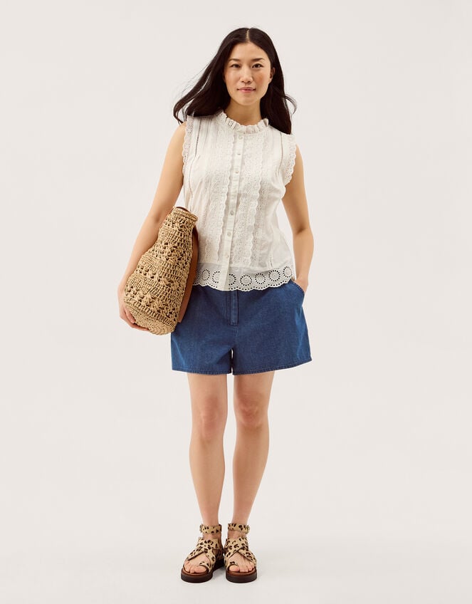 Trish Broderie Frill Sleeveless Top, Ivory (IVORY), large