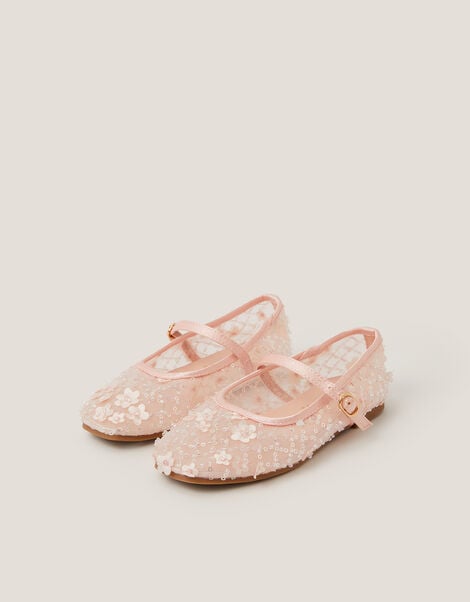 Flower Sparkle Mesh Ballet Flats, Pink (PINK), large