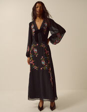 Margot Long Sleeve Floral Embroidered Midi Dress, Black (BLACK), large