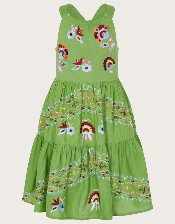 MINI ME Boutique Shirley Ring Detail Embroidered Tiered Dress, Green (GREEN), large