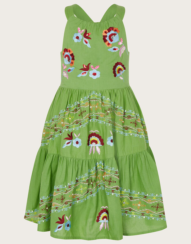 MINI ME Boutique Shirley Ring Detail Embroidered Tiered Dress, Green (GREEN), large