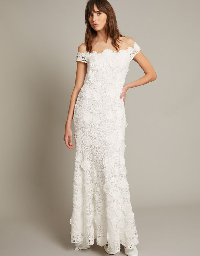 Clare Floral Embroidered Bardot Bridal Dress, Ivory (IVORY), large