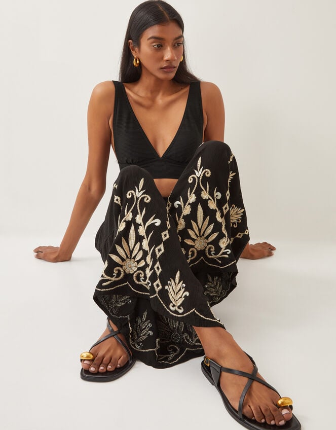 Saffron Embroidered Wide Leg Trousers, Black (BLACK), large