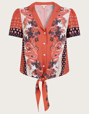 Garnet Scarf Print Tie-Front Shirt, Orange (RUST), large