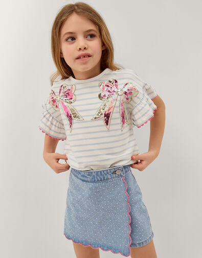 Sequin Bow Stripe T-Shirt, Ivory (IVORY), large