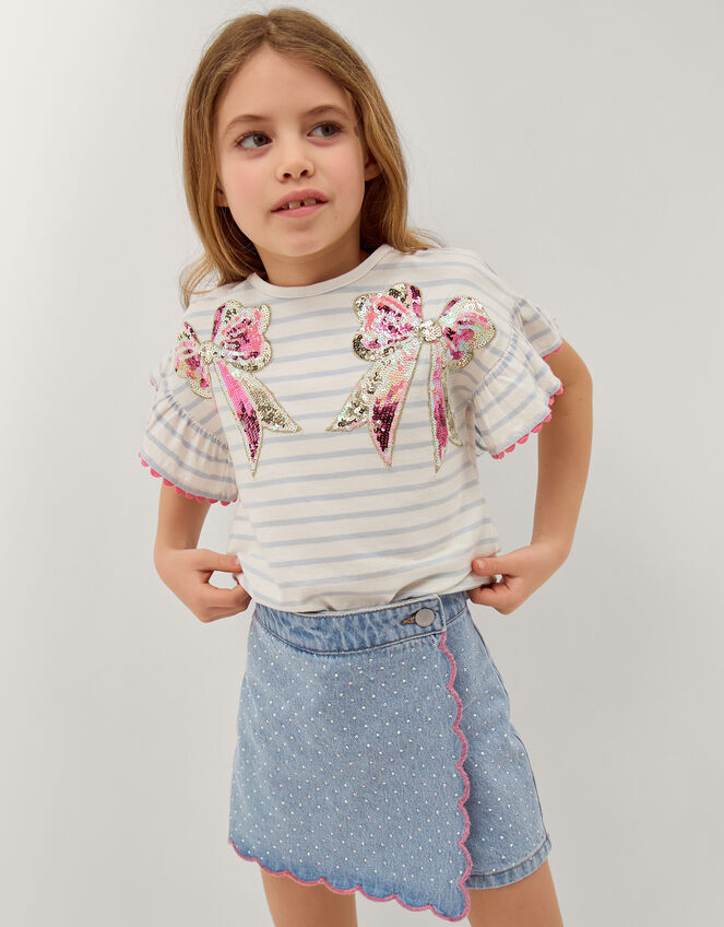 Sequin Bow Stripe T-Shirt, Ivory (IVORY), large
