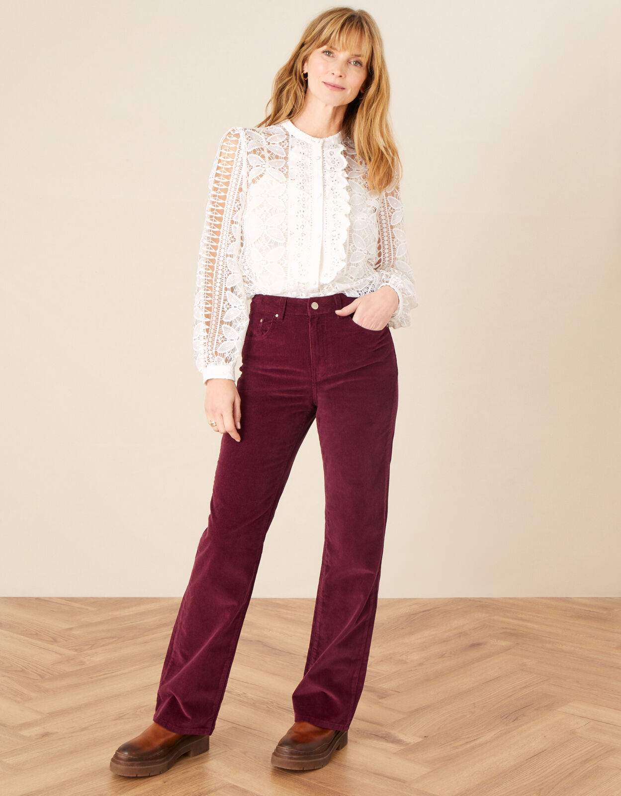 Berry Cord Flare Trousers Red