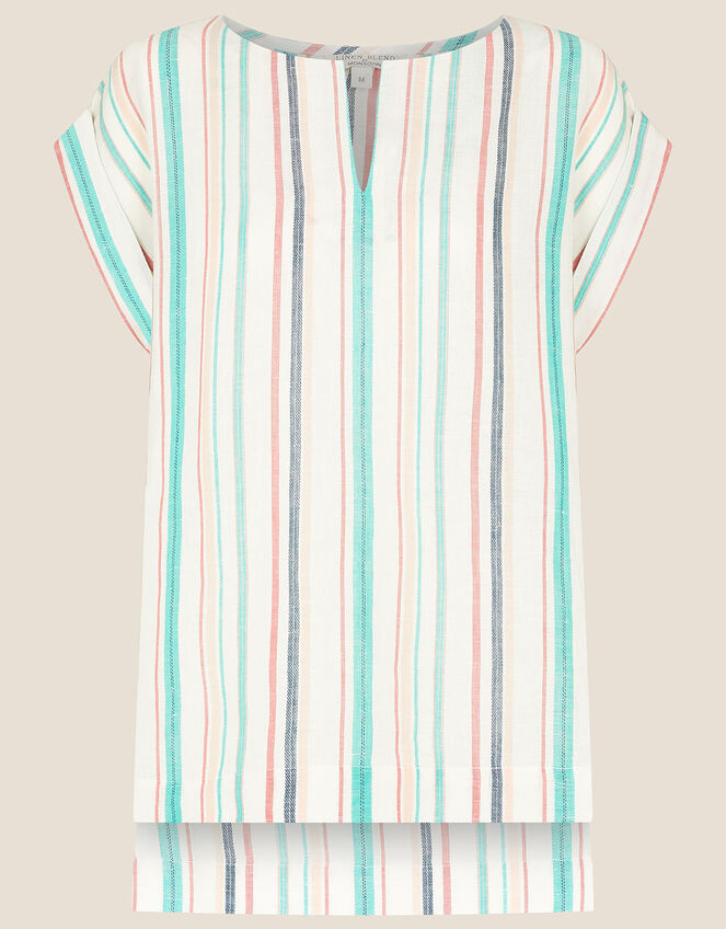 Stripe Print Top in Linen Blend, White (WHITE), large