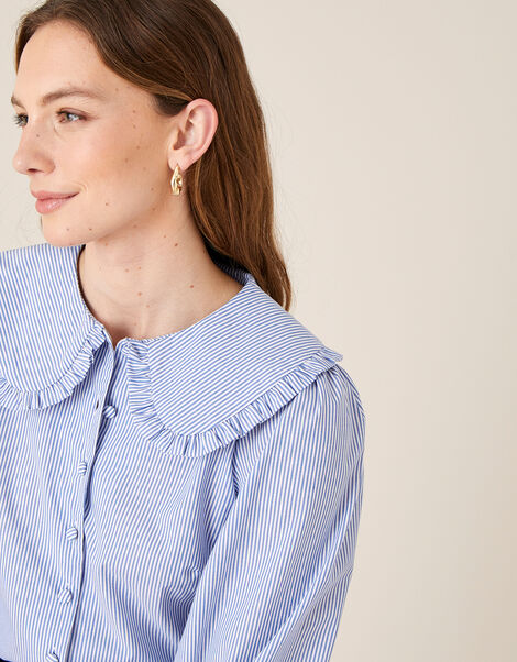 Frill Collar Stripe Poplin Shirt Blue, Blue (BLUE), large