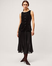 Vanessa Sleeveless Velvet Pleated Midi Dress, Black (BLACK), large