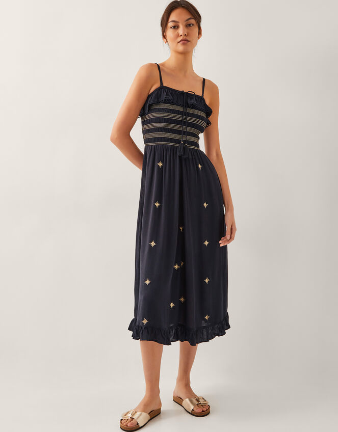 Blair Embroidered Frill Midi Dress, Black (BLACK), large