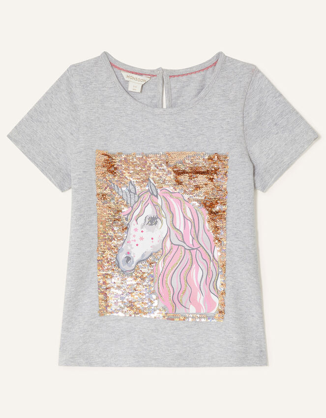 Sequin Unicorn Short Sleeve Top, Grey (GREY), large