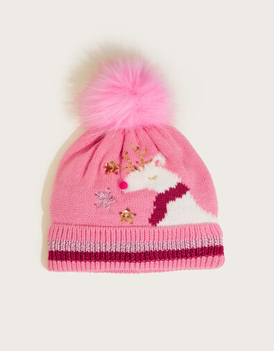 Rudy Reindeer Fluffy Beanie Hat, Pink (PINK), large