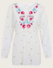 Embroidered Long Sleeve Tunic Top in Sustainable Cotton, White (WHITE), large