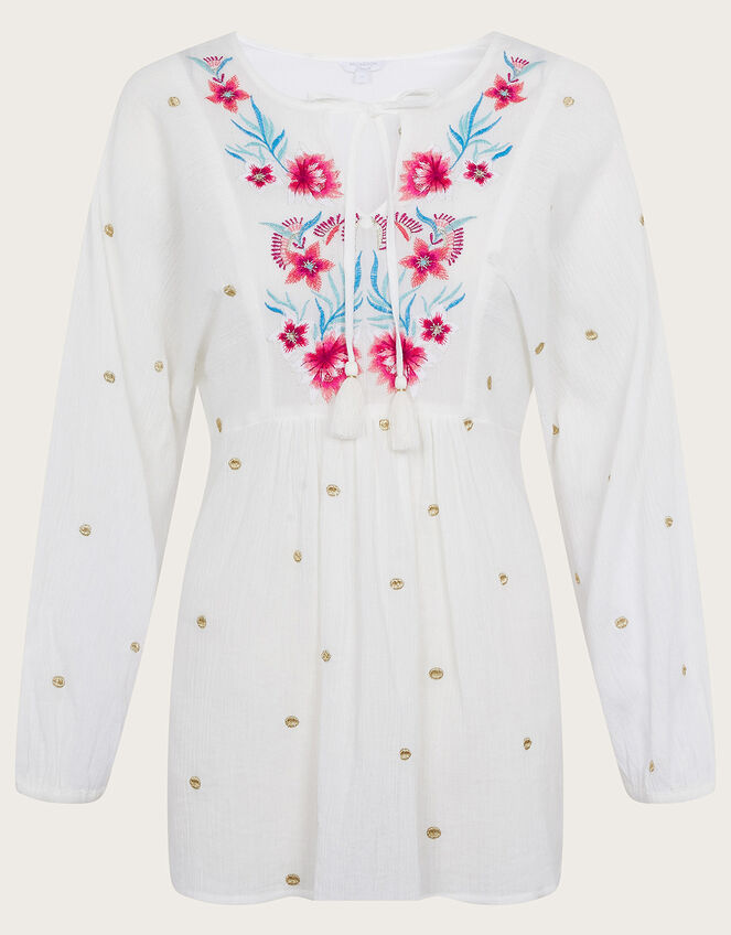 Embroidered Long Sleeve Tunic Top in Sustainable Cotton White, Tops & T- shirts