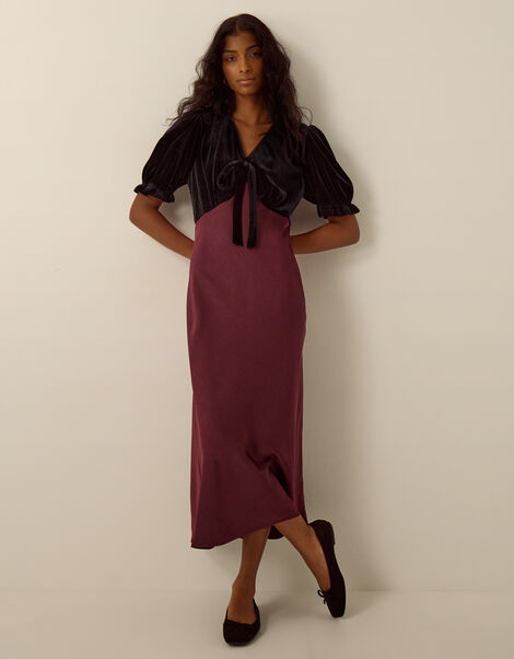 Fiona Puff Sleeve Velvet Satin Midi Dress, Red (WINE), large