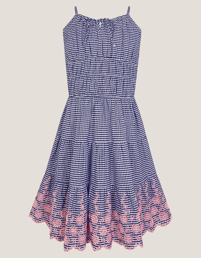 Embroidered Gingham Sun Dress, Blue (NAVY), large
