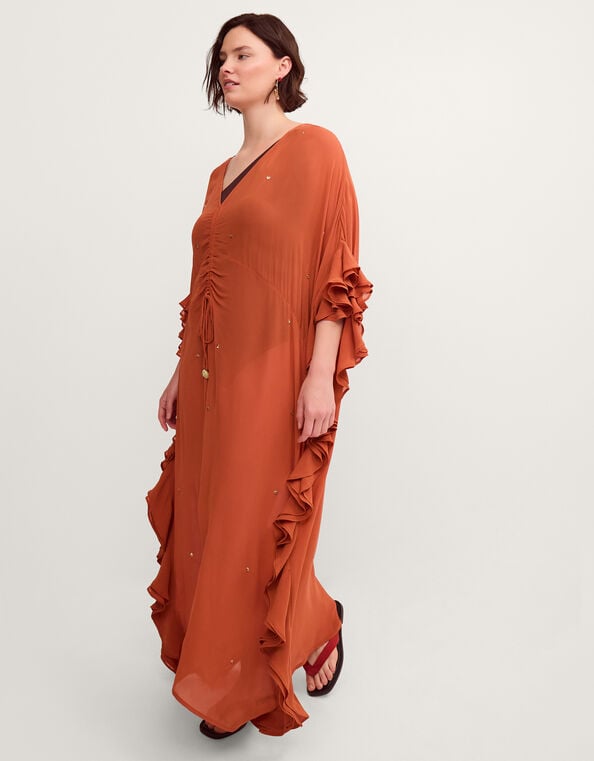 Callie Thorpe x Monsoon Embellished Ruffle Sheer Maxi Kaftan, Orange (RUST), large