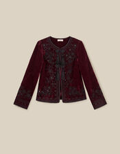 Mila Embellished Velvet Jacket, Red (BURGUNDY), large