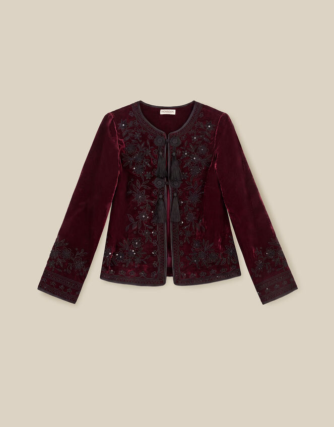 Mila Embellished Velvet Jacket, Red (BURGUNDY), large