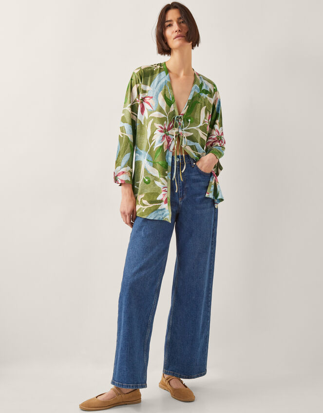 Piper Linen Blend Tie Top, Green (KHAKI), large