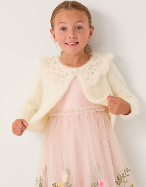 Embellished Collar Fuzzy Cardigan, Ivory (IVORY), large