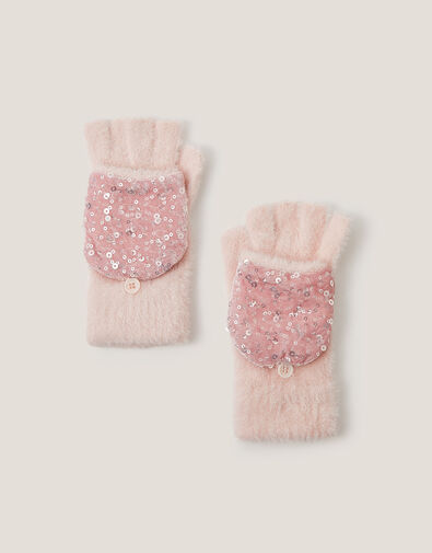 Fuzzy Sequin Capped Gloves, Pink (PINK), large