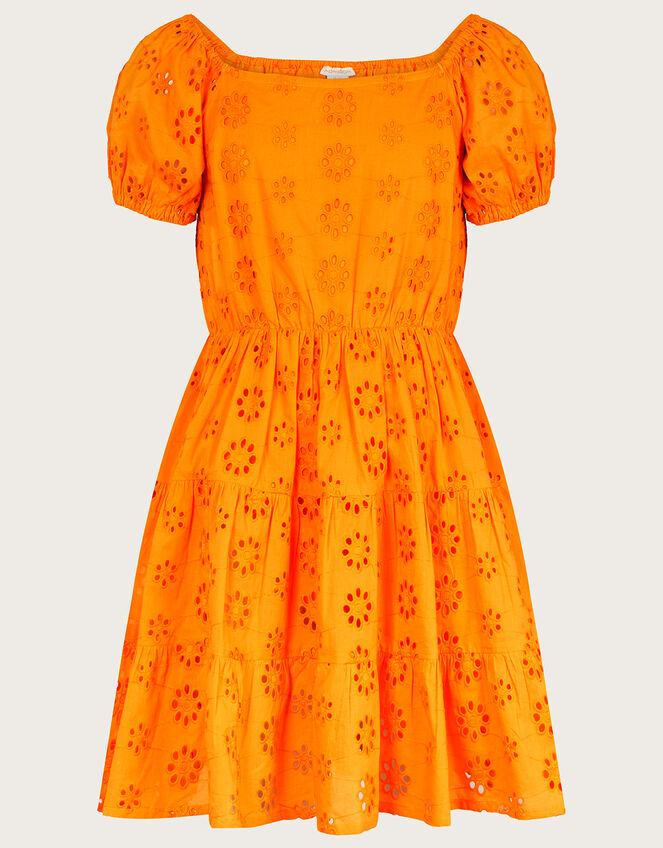 Broderie Puff Sleeve Dress, Orange (ORANGE), large