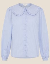 Frill Collar Stripe Poplin Shirt, Blue (BLUE), large