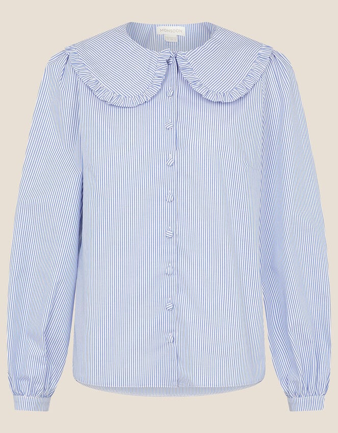 Frill Collar Stripe Poplin Shirt, Blue (BLUE), large