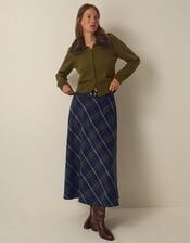 Willa Check Print Cotton Midi Skirt, Blue (NAVY), large