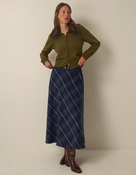 Willa Check Print Cotton Midi Skirt, Blue (NAVY), large