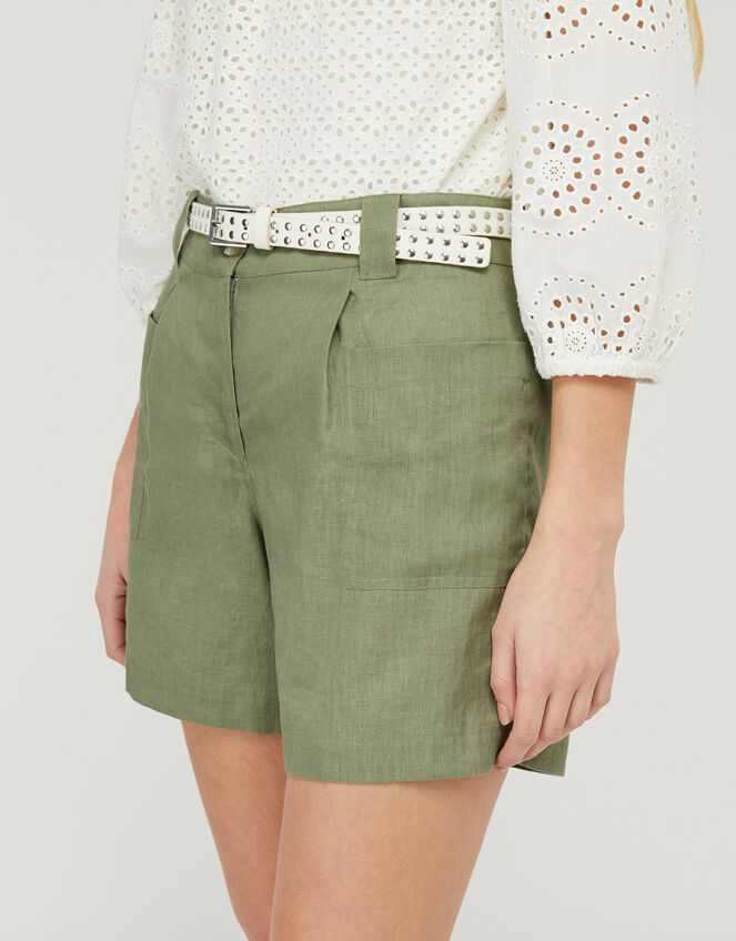 Lottie Shorts in Pure Linen, Green (KHAKI), large