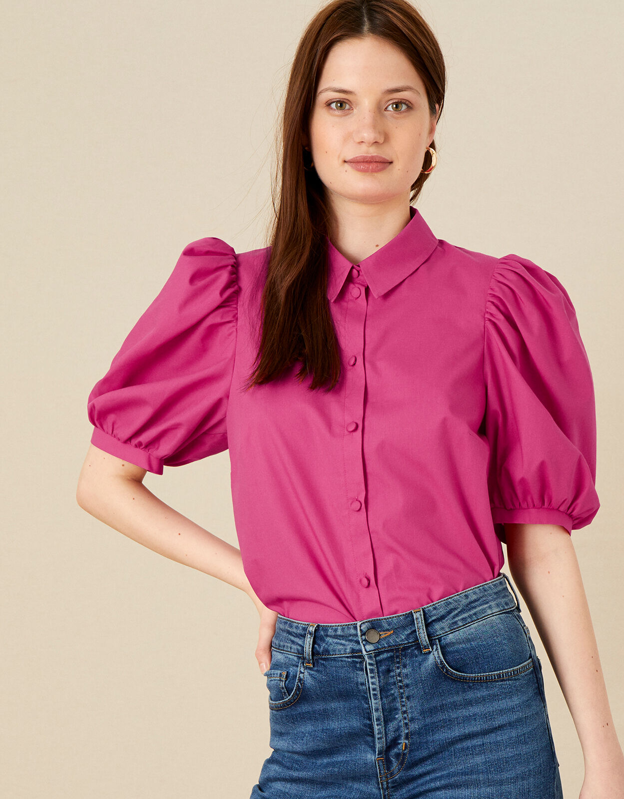 Puff Sleeve Shirt in Pure Cotton Pink 
