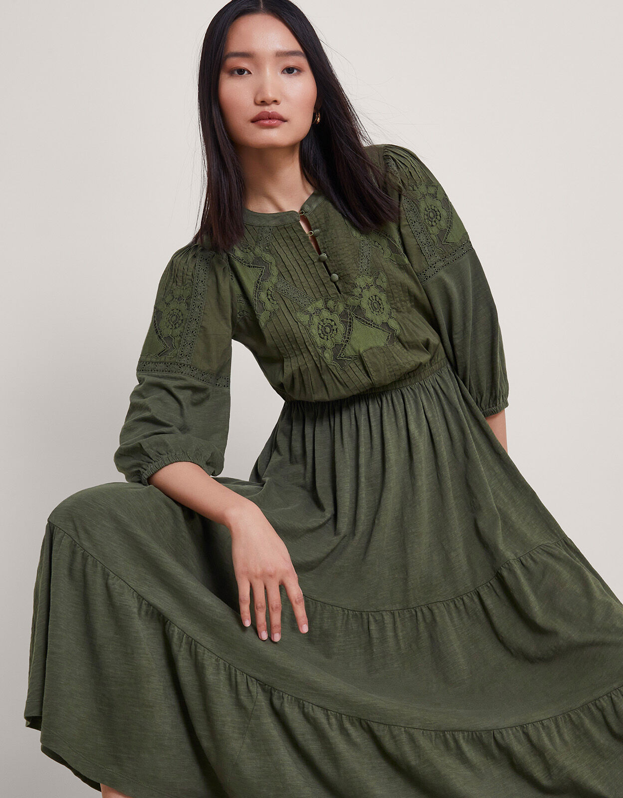 Larissa Lace Trim Dress Green Midi Dresses Monsoon Global